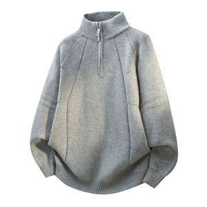 Pull en maille à col montant mi-zippé pour homme, coupe décontractée oversize avec ourlet incurvé, tendance - Product Image 6