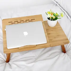 Регулируемый складной ноутбук 100% дюймов, стол из бамбука с вентилятором и выдвижным ящиком