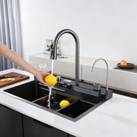Ensemble de robinetterie de cuisine 30 pouces gris anthracite moderne carré avec pulvérisateur extractible Nano, cascade, affichage LED, rince-verre, monotrou à montage supérieur