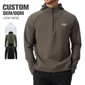 OEM Vêtements <span class=keywords><strong>de</strong></span> sport <span class=keywords><strong>de</strong></span> marque personnalisables pour hommes Pull à capuche au design solide Veste à fermeture éclair et séchage rapide en tissu tissé coupe-vent avec poches sur le support - Product Image 1