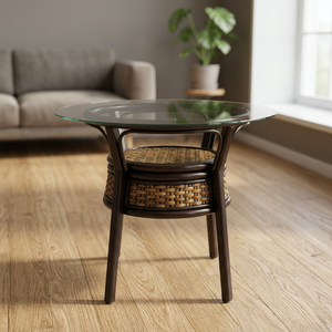 <b>Round</b> Rattan Dining <b>Table</b> With Tempered Glass <b>Top</b> Modern Contemporary Design Stable Wooden Legs Home Furniture Apartment Use - Product Image 1