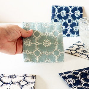 Sous-verres carrés en coton et lin faits à la main, 4 pièces, abricot, bleu clair, bleu marine, fleurs, tapis isolants thermiques pour tasses à thé - Product Image 5