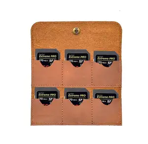 Custom Logo Portable Brown Genuine Leather 6 Slots Memory Card Holder Pouch For Camera