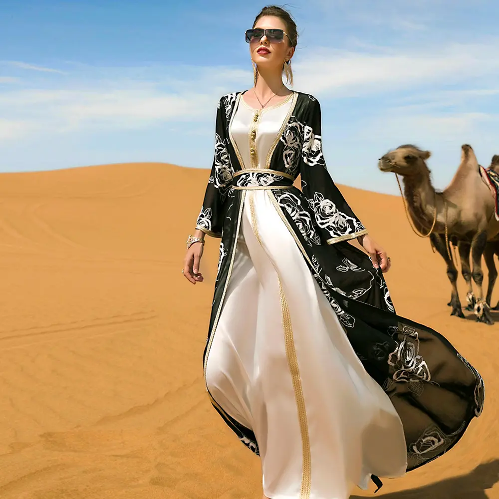 Vestido Abaya con bordado de flores, caftán marroquí con cinturón étnico musulmán, 2 uds., 2022