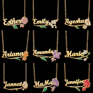   Personalisierte DIY Dezember-Geburtsblumen Namenskette aus Edelstahl mit Buntem Blumenmuster und Verstellbarer Halskette - Product Image 2