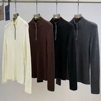 Haut en tricot demi-zippé en laine unie pour femme, coupe ajustée, col semi-montant perlé, couche de base