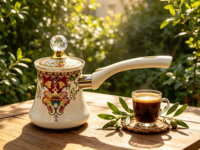 Cafetière turque vintage en émail floral coloré avec couvercle en cristal, poignée résistante à la chaleur, ibrik pour cuisinière, cafetière arabe