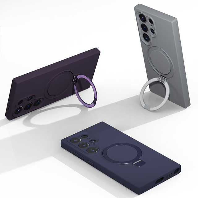 Phone Cover with Magnetic Kickstand Soft Liquid Silicone Cell Phone Cases for Samsung Galaxy S24 S23 Plus Ultra