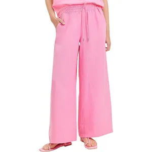 Garment manufacturer wholesale fashion women's trousers pink linen casual high waist elastic waist women's jogging pants