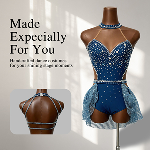 Justaucorps de danse moderne bleu profond orné de strass, col licou, pour femme, robe de danse jazz, costume de scène pour performance de danse de salon - Product Image 1