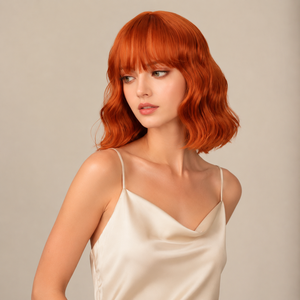 Perruque Bob Courte Ondulée Cuivre Orange avec Frange, Résistante à la Chaleur, <span class=keywords><strong>Cheveux</strong></span> Synthétiques pour Femme, Usage Quotidien, Cosplay, Fêtes, Vente Directe Usine - Product Image 6