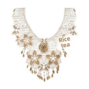 Collare in Pizzo con Applicazione Floreale 3D in Stile Francese, Collo a V con Ricamo Metallico Oro Champagne, Patch per Colletto Idrosolubile per Matrimonio - Product Image 4