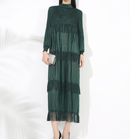 ODM Miyake robe femme pour église ample décontracté vert Maxi robes élégant manches longues plissé gland couleur unie dame Vestido