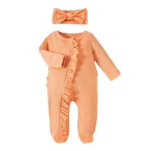 Peleles sólidos de algodón orgánico para bebé recién nacido, Waffle, volantes, ropa con cremallera larga, mono infantil, diadema