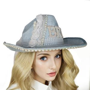 Manwu Factory Custom <strong>Bride</strong> <strong>Cowgirl</strong> <strong>Hat</strong> Wedding Cowboy <strong>Hats</strong> with Rhinestone Pearl for Bridal Shower Party Appropriate - Product Image 1