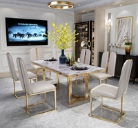 Table à manger 4 places de luxe au design moderne et simple, en acier inoxydable européen avec plateau en marbre artificiel, durable, pour les petites familles