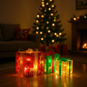 Juego de Cajas de Regalo Navideñas Iluminadas, 3 Luces LED Multicolor, Resistentes al Agua, Funcionan con Pilas, Decoración Interior y Exterior, Lazos de Cinta - Product Image 2