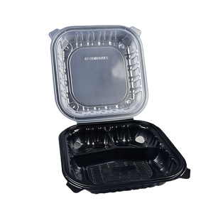 Boîte <span class=keywords><strong>à</strong></span> <span class=keywords><strong>sushi</strong></span> jetable en PP recyclable et écologique, 10x10 pouces, 3 compartiments, noire transparente, certifiée Shandong, compatible micro-ondes - Product Image 2