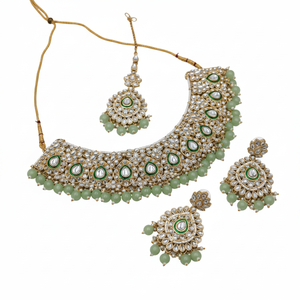 High Quality Ethnic Kundan Green Zircon <b>Beads</b> Pearl Bridal Choker Necklace Earrings Tikka <b>Set</b> Gold-Plated Alloy Third Jewelry - Product Image 2
