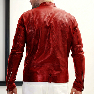 เสื้อแจ็คเก็ตหนังงูสีแดงสำหรับผู้ชาย แบบซิปไขว้ สไตล์ไบค์เกอร์ โมโตโค้ท หนังแท้ลายงูหลามสุดหรู ทรงเข้ารูปสำหรับขี่มอเตอร์ไซค์ - Product Image 4