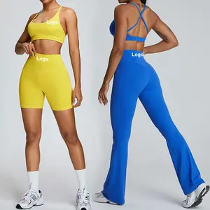 High Quality Sportswear 2pcs Suit Sports Cross Back Bra Wide Leg Flare Pants Set Custom Workout Wear Women Yoga Gym Fitness Set