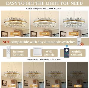 Lustre en cristal LED dimmable de 23,6 pouces, doré, avec télécommande, pour salles à manger/salons, îlots de cuisine, entrées et halls d'entrée - Product Image 5