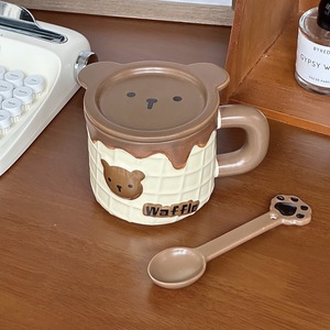 Taza de cerámica ecológica con diseño de gofre de oso bonito con tapa, regalo de negocios de recuerdo práctico para niñas, juego de tazas de estilo de dibujos animados de cumpleaños - Product Image 6