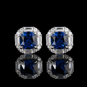 Wholesale Eco-friendly Copper Square Geometric Jewelry <b>Set</b> Round Cut 8*8mm Blue Cubic Zirconia <b>Earrings</b> Necklaces Ring for Women - Product Image 3