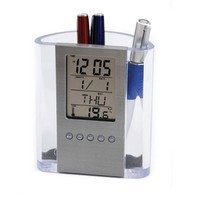Porte-stylo publicitaire en plastique avec calendrier électronique, horloge et logo publicitaire - Horloge de bureau, calendrier et porte-stylo