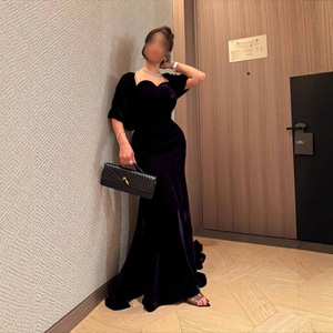 Nuovo Abito a Maniche Lunghe con Mantella in Velluto Stile Mediorientale, Design Slim con Coda di Pesce, Elegante Abito da Festa Francese - Product Image 2