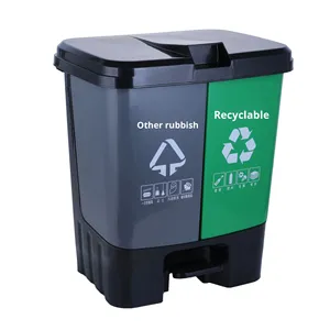 Poubelle à pédale à double compartiment en plastique avec couvercle, éco-responsable, pour le recyclage, le bureau, l'école, le parc, les espaces publics, personnalisable - Product Image 1