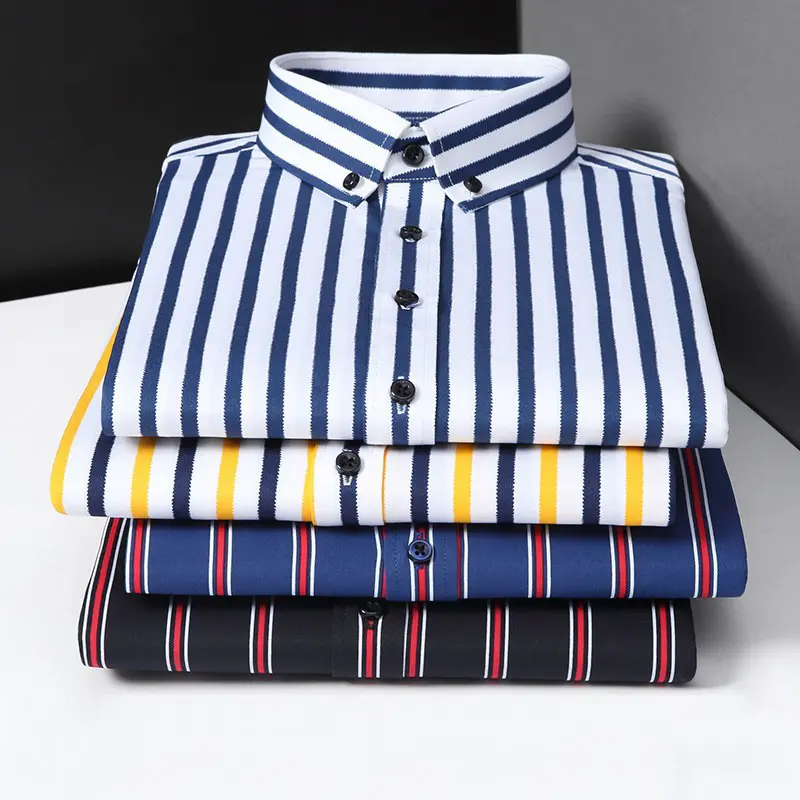 Spot 2023 new elastic long-sleeved shirt Men's striped Korean slim shirt Business casual iron-free comfortable men's wear