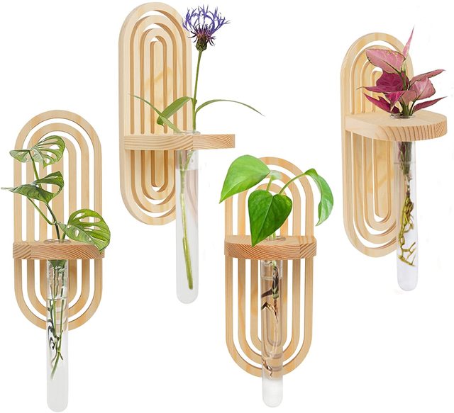 Hanging Test Tube Vase 4 Set Separate Wall Wood Plant Holder for Indoor Hydroponics Plants