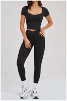 Ensemble de tenue de tennis pour femme : Haut de fitness à manches courtes, Legging de sport à taille haute et soutien élevé, Col carré, Pantalon de gym, Course à pied SMART