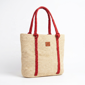 Casual <b>Tote</b> <b>raffia</b> Handbag With Red Rope Handles Bohemian Style Open Top Women Beach Bag Durable 3L Capacity - Product Image 2