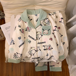 Ensembles de vêtements de nuit 7501 #   Pyjama en flanelle à col châle pour femmes, pyjama d'hiver à motif de dessin animé, couleur contrastée - Product Image 5