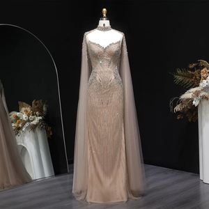 Jancember LSZ151 Luxury Blue Evening <strong>Dress</strong> Mermaid Beaded Prom Gown With Cape Sleeve Party - Product Image 4