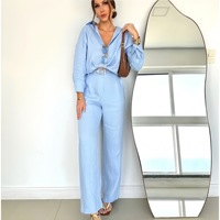 2025 nouveauté femmes chemise en lin et pantalon ensemble décontracté coupe ample couleur Pure deux pièces tenue printemps été mode