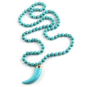 Collar de Moda para Mujer, Estilo Bohemio Tribal, con Piedra Turquesa Redonda Plana, Largo, con Nudo, Colgante de Cuerno de Buey - Product Image 4