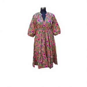 100% algodón puro Himanshi Midi vestido para mujer A-Line bloque de mano estampado Floral cómodo verano Casual vestido de fiesta - Product Image 1