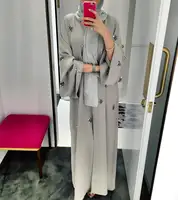 Vestido de punto con cuentas bordadas de Oriente Medio para mujer, Túnica de Color Beige de Dubái 3d Floral frontal, caftán Abaya musulmán