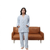 Robes et peignoirs pour femmes, ensemble de pyjama en polaire à manches longues GR062 gris clair bleu, col en V, longueur intégrale