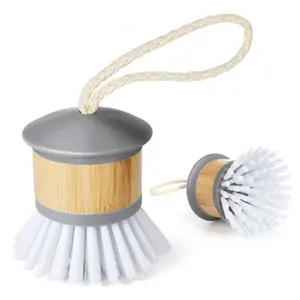 Nuevo cepillo redondo de bambú para limpieza de platos de cocina, Mini cepillo de limpieza de platos