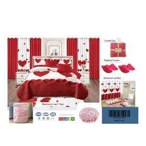 Boda de lujo Flor roja Poliéster Forma de corazón Acolchado Rey 24PCS Cortina juego de cama