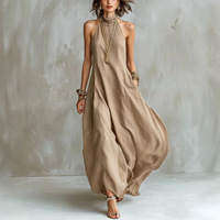 Robe longue décontractée d'été sans manches à col halter en modal et cachemire respirant, couleur unie, style décontracté pour les vacances