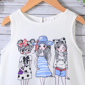 ชุดเสื้อผ้าเด็กผู้หญิงสองชิ้นแบบลำลอง สำหรับเด็กอายุ 3-7 ปี เสื้อแขนกุดผ้าฝ้ายกับกางเกงยีนส์ขาสั้นลายพิมพ์ สำหรับเด็กที่รักแฟชั่น - Product Image 3