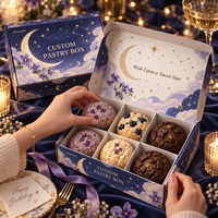 Kotak Kue Ulang Tahun Bertema Celestial dengan Logo Custom, Kertas Putih 350gsm E Flute, Tutup Magnetik, Lipat, Karton, Cetak CMYK Dua Sisi