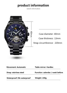 Montre mécanique originale de haute qualité, montre-bracelet de luxe à tourbillon, design ajouré, bracelet en acier inoxydable, étanche, phase de lune - Product Image 4