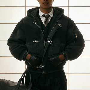 <span class=keywords><strong>Veste</strong></span> à capuche <span class=keywords><strong>en</strong></span> denim streetwear personnalisée OEM, avec boucle frontale, crochet de ponte et fermoir de pompier, style workwear de charpentier <span class=keywords><strong>en</strong></span> tissu peigné, inspirée du style Detroit Work - Product Image 1