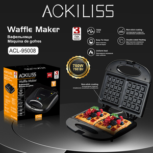 ACKILISS 750W <b>Waffle</b> <b>Maker</b> Non Stick Coating Double Plate Heating Uniform Baking Appliance for Kitchen Countertop Use Non-stick - Product Image 4
